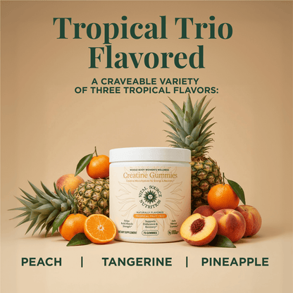 Gomitas de Creatina Tropical Trio | De plano a lleno en 6 semanas. Sin shaker, solo mastica.